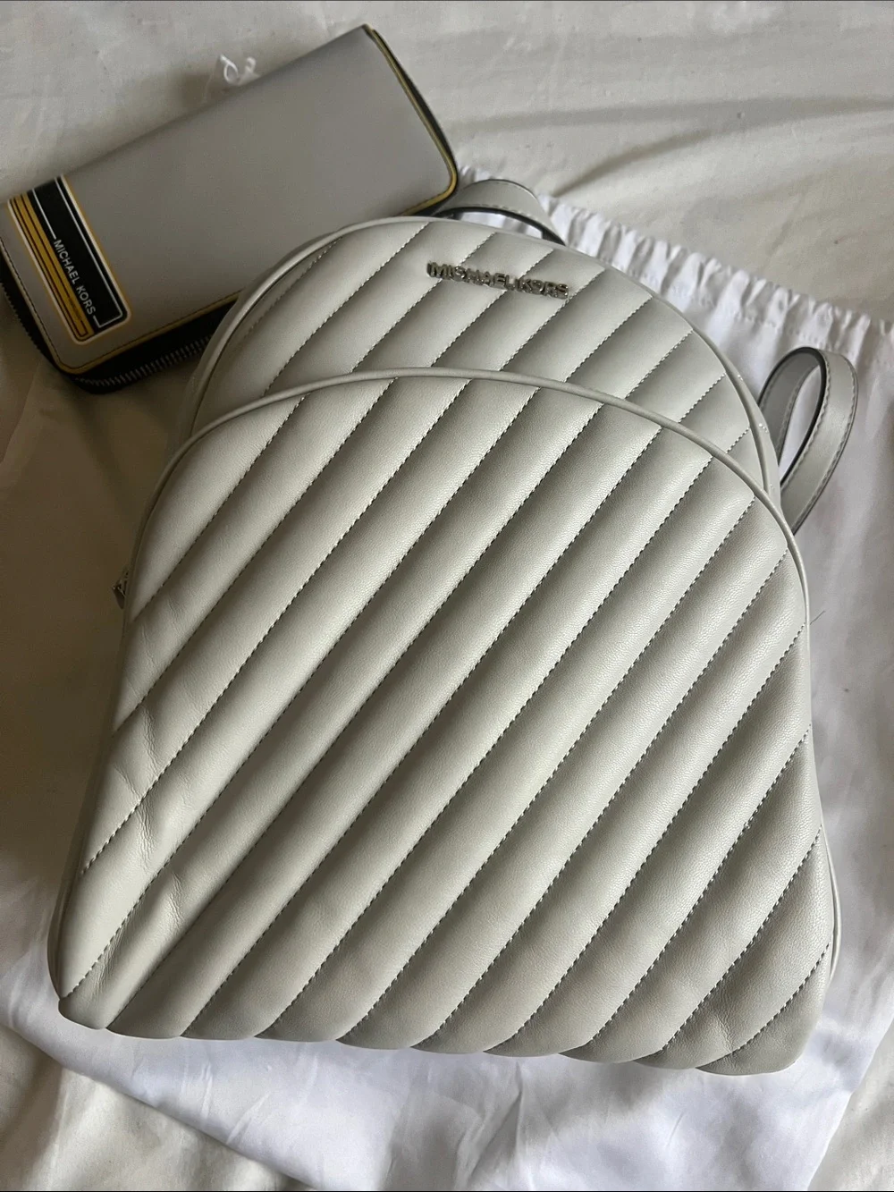 Michael Kors White Quilted Leather Backpack with Matching White Zip Wallet